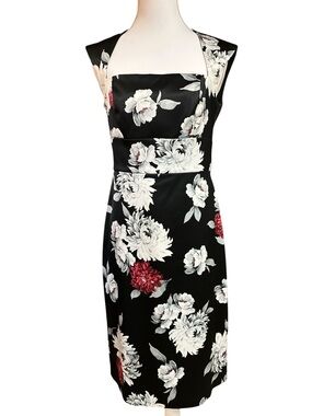 White House Black Market Black& Red/White Floral Square Neck Cocktail Dress S2